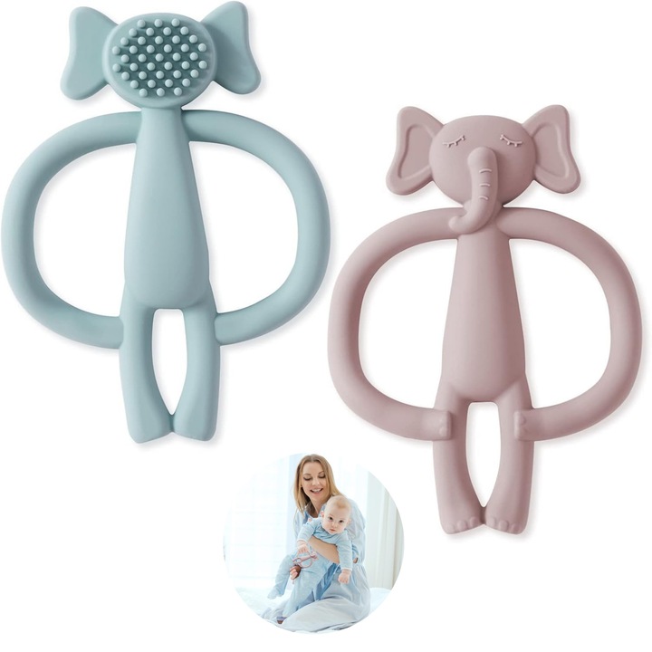 Комплект 2 силиконови играчки за никнене на зъби Vicloon, розови и сини, за никнене на зъби, безопасни и лесни за почистване