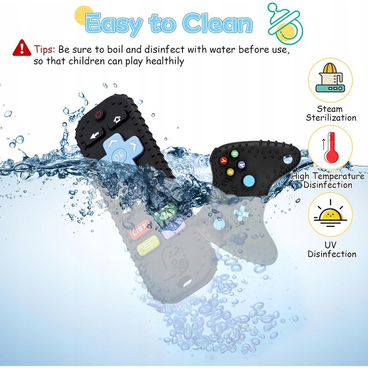 Силиконова гризалка за бебета, геймърски контролер, черна, 15x10x1,8см, с верижка