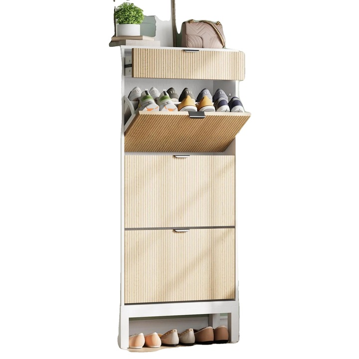 Cipősszekrények, fehér tölgy, kompakt design, 3 lenyíló ajtó, 1 fiók, kis méret