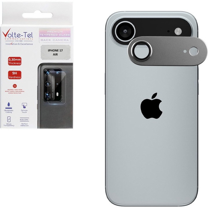 Folie protectie camera Volte-Tel pentru iPhone 17 Air 6.9'', 9H, 0.30mm, 3D, argintie, set inclus