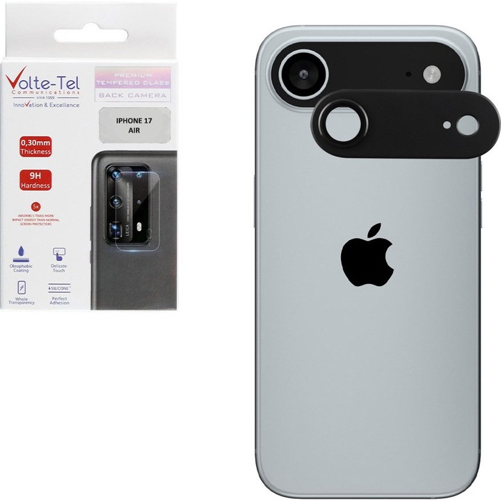 Folie protectie camera Volte-Tel pentru iPhone 17 Air 6.9", 9H, 0.30mm, negru, set complet