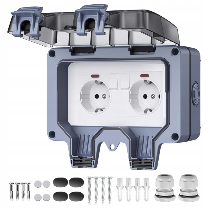 Priza electrica exterioara dubla, IP66, rezistent la apa, gri, 17x15,5x10cm