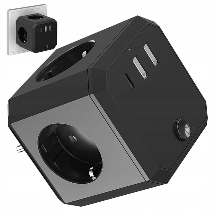 Priza electrica 7 in 1, Inconvenient, 4 iesiri AC, 2 USB, 1 Type-C, compacta, 75.6x75.6x75.6mm