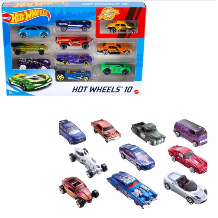 Set 10 masinute Hot Wheels, 1:64, detalii realiste, multicolor