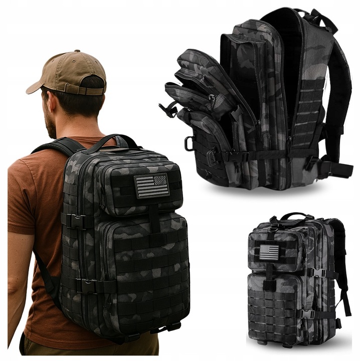 Rucsac tactic militar, capacitate 36L, impermeabil, 30x51x33cm, negru, sistem MOLLE