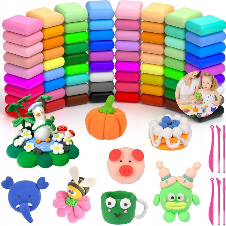 Set de 72 bucati de plastilina auto-uscata, accesorii pentru modelare, non-toxic, multicolor, pentru copii peste 3 ani