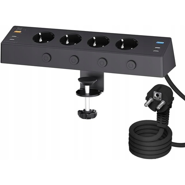 Prelungitor cu 5 gniazde si 3 porturi USB Kinglink, protectie impotriva supratensiunii, cablu 2m, dimensiuni 29,4x14x14cm, culoare neagra, set cu cutie pentru cabluri si 10 cleme.