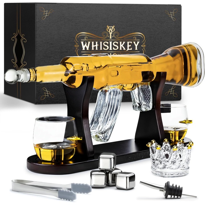 Set carafa whisky diamant, 700ml, 4 pietre racire, suport luxos, transparent, negru, argintiu, gri