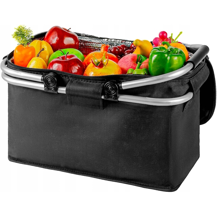 Cos picnic pliabil cu izolatie, 18,5L, antiderapant, negru, dimensiuni 15x12x5cm