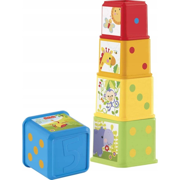 Set 5 blocuri de constructie Fisher-Price, culori vii, dimensiuni variate