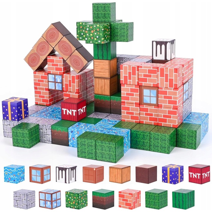 Комплект за конструиране Магнитни блокове MINECRAFT, 108 блока, различни цветове, идеален размер за деца