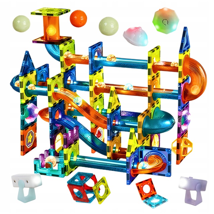 Set elemente Magnetice 110 piese, AAA, Multicolor, Include Elemente Luminose si Carte cu Modele