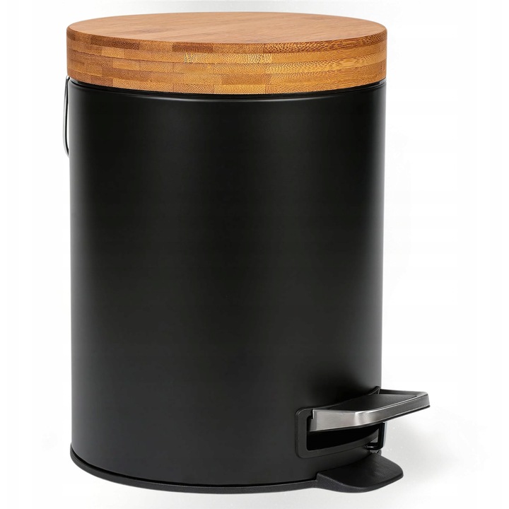 Cos de baie 5L, bambus si inox, negru, sistem de inchidere silentios, baza antiderapanta