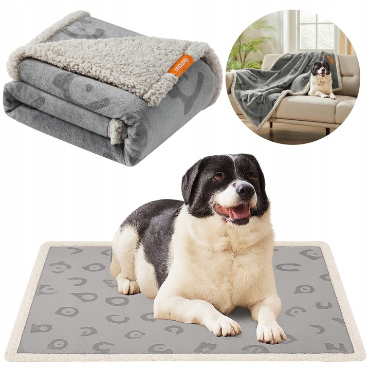 Двойна подложка за домашни любимци, водоустойчива, 127x101см, сива, фланела и шерпа