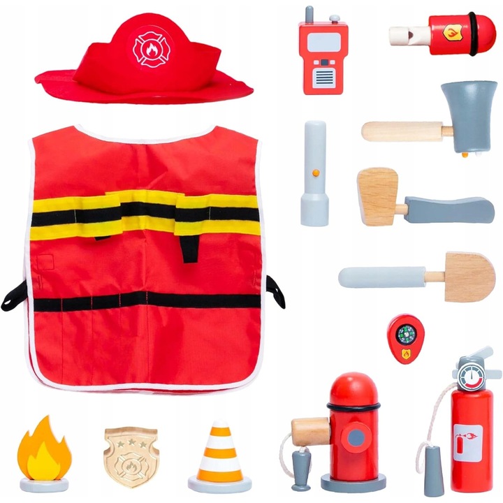 Zestaw de jucarie pompier, 14 piese, costum cu palarie, accesorii din lemn, pentru copii