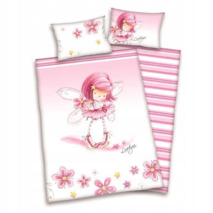 Set lenjerie patut 100x135cm, roz, 100% bumbac, model fluturi, 2 elemente