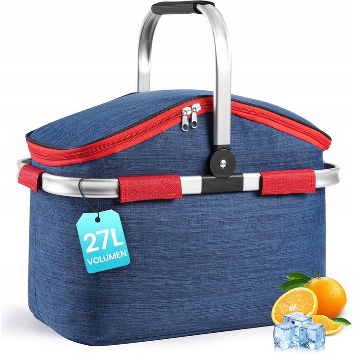Cos picnic racitor, pliabil, cu manere, albastru marin, 27 litri, 42x23x40cm