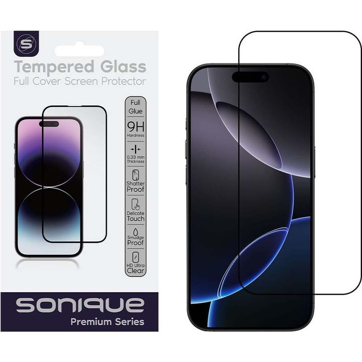 Folie protectie Sonique Hardy Glass Full Cover 9H pentru Apple iPhone 17 Pro, 0.33mm, HD, negru, set inclus.