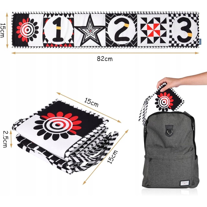 Cartulie senzoriala pentru bebelusi, 1x, design dublu fata, materiale sigure, culori contrastante, 30x30cm