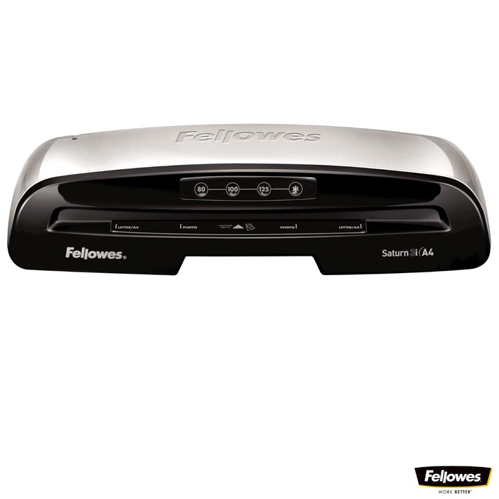 Laminator A4 Fellowes Saturn 3i cu functie de eliberare, auto-stingere si kit start pentru documente, fotografii si proiecte creative