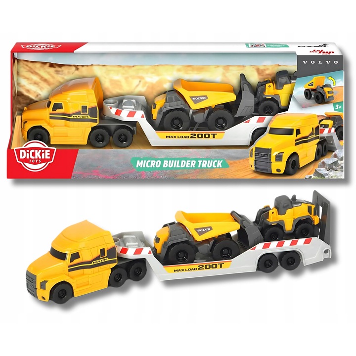 Set utilaje de constructie, Dickie toys, Volvo, 3 vehicule, galben/gri, 7x34,5x12,7 cm