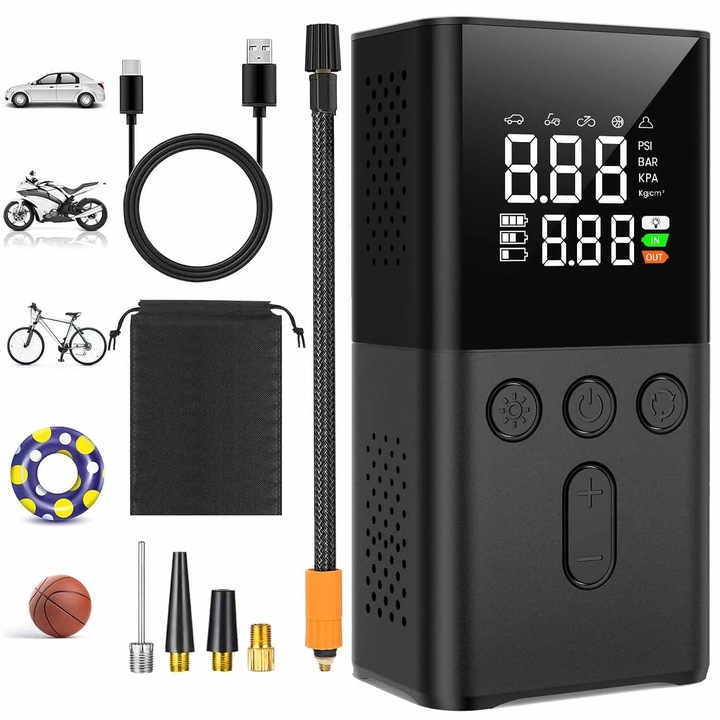 Compresor auto, portabil, 6000mAh, multifunctional, negru, 13x6,5x4,5 cm