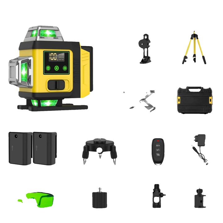 Nivel laser cu 4 lasere, auto-nivelare, 2 baterii, 360 grade, dimensiuni ajustabile