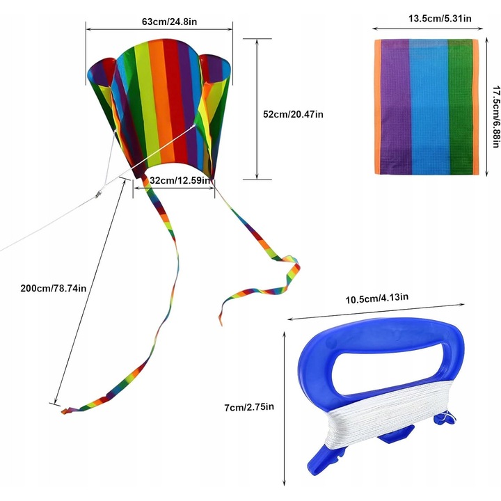 Цветно хвърчило с 3,5 м опашка, 81x132 см, комплект с дръжки и въже, за деца и възрастни