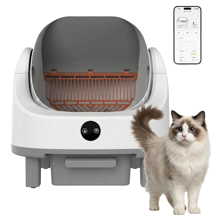 Litiere automata, 21.26x19.68x23.52cm, capacitate 9L, pentru pisici peste 1.5kg, functionare silentioasa