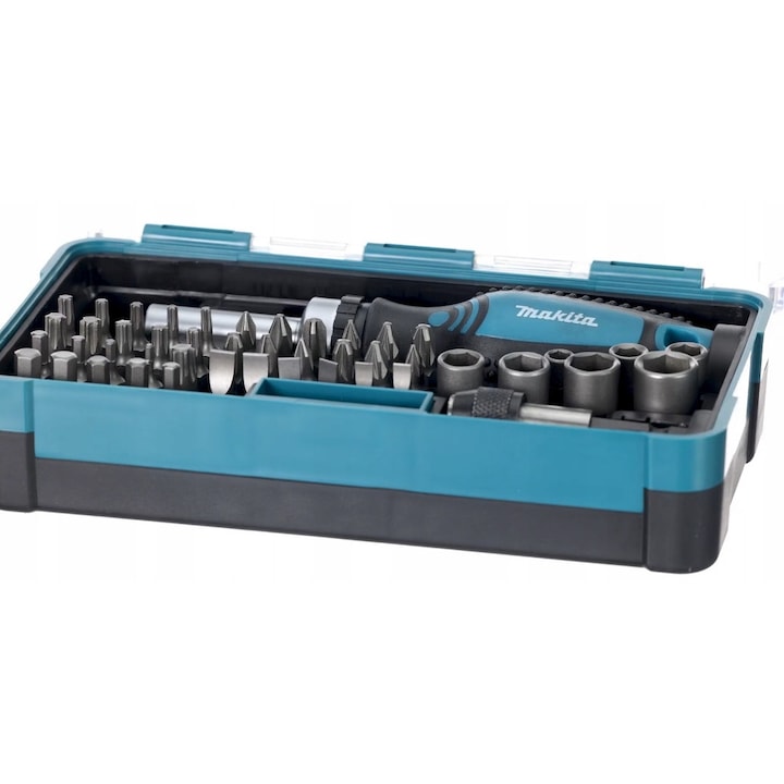 Set de unelte, Makita, 47 elemente, surubelnita cu biti, chei cu tub, cutie compacta, albastru/negru