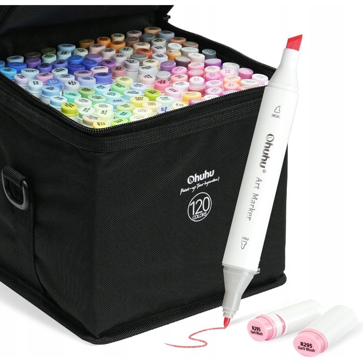 Set de 120 markere Ohuhu cu capete duble, colorate, rapid uscate, pentru desenat si colorat