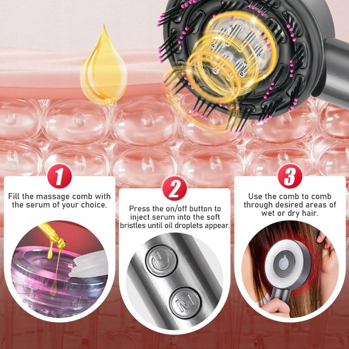 Aparat de masaj electric pentru scalp, terapie cu lumina, 72 perii, dispenser ulei 6 ml