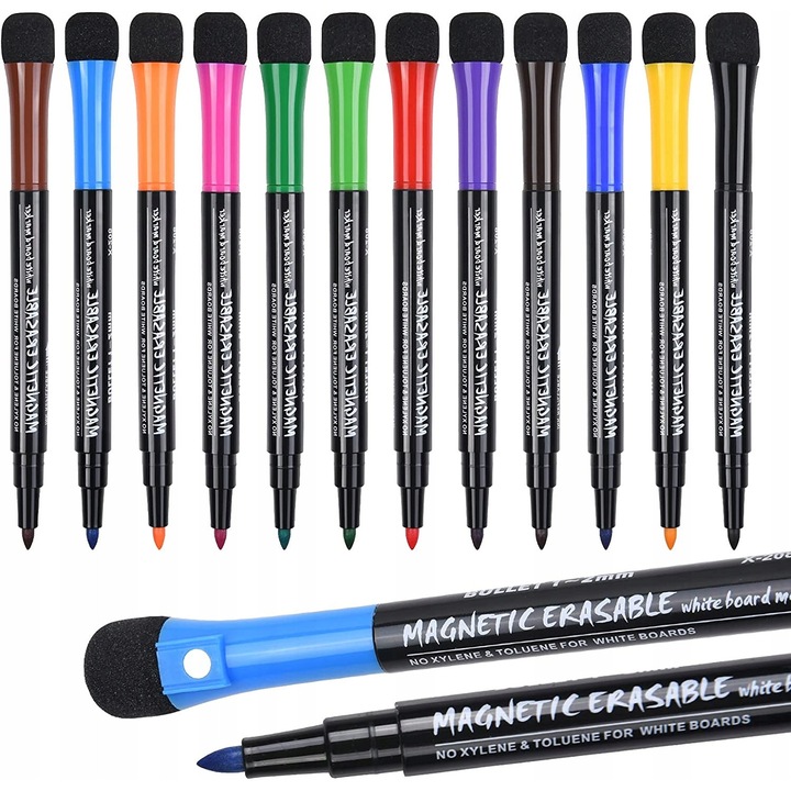 Set 12 markere multicolore pentru tabla uscata Vicloon, cu capat rotund 1-2 mm, cu stergator si magnet