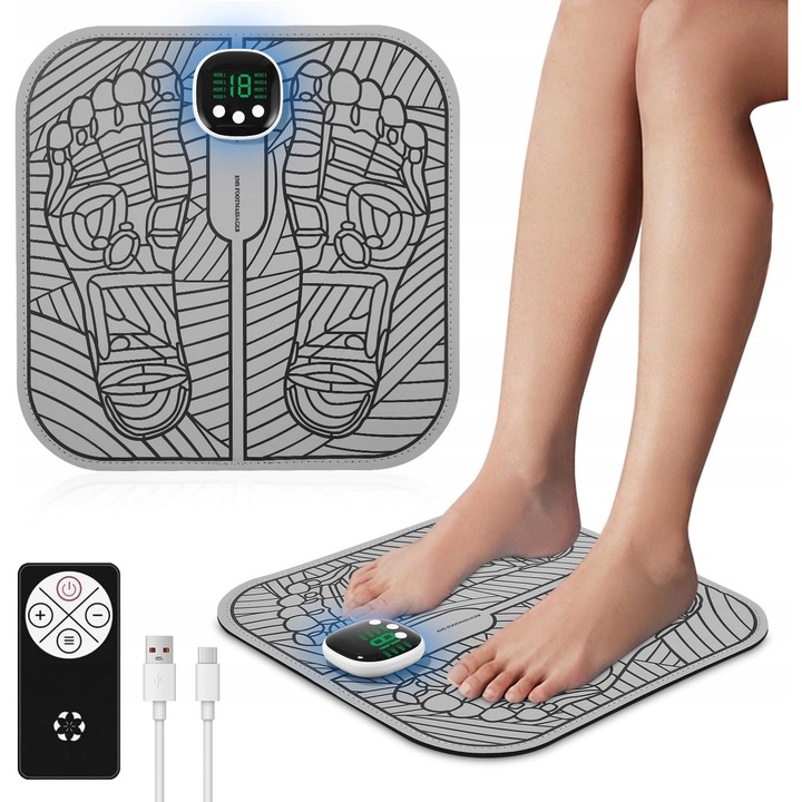 Aparat de masaj pentru picioare, 8 moduri, 19 niveluri de intensitate, cu telecomanda, incarcare USB, 32x15,5x3cm, gri, pliabil
