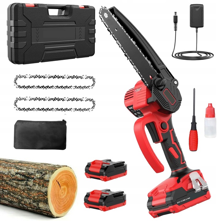 Mini pila electrica cu lant, 6 inch, 21V, 2 baterii, negru + rosu, set complet