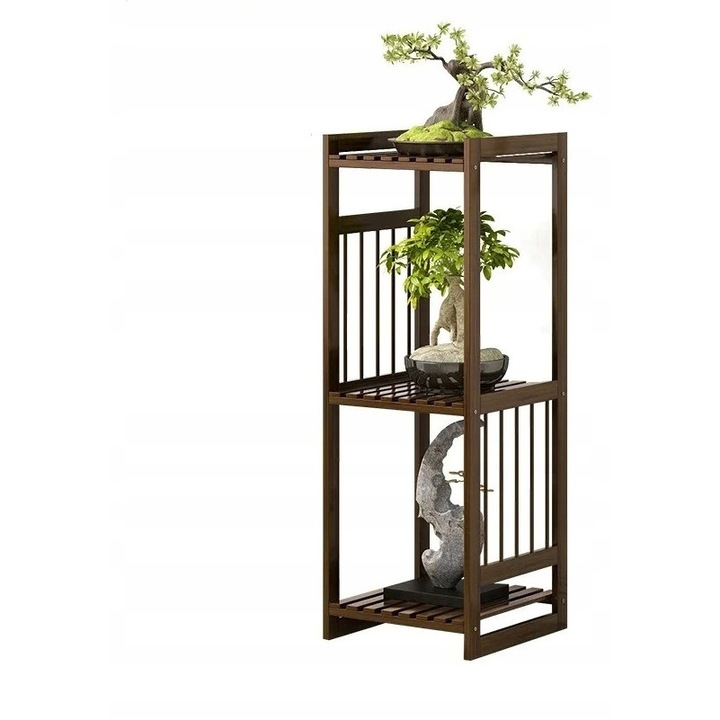 Stojak pe 6 niveluri pentru flori, din lemn de brad carbonizat, culoare maro, 75x27x140cm