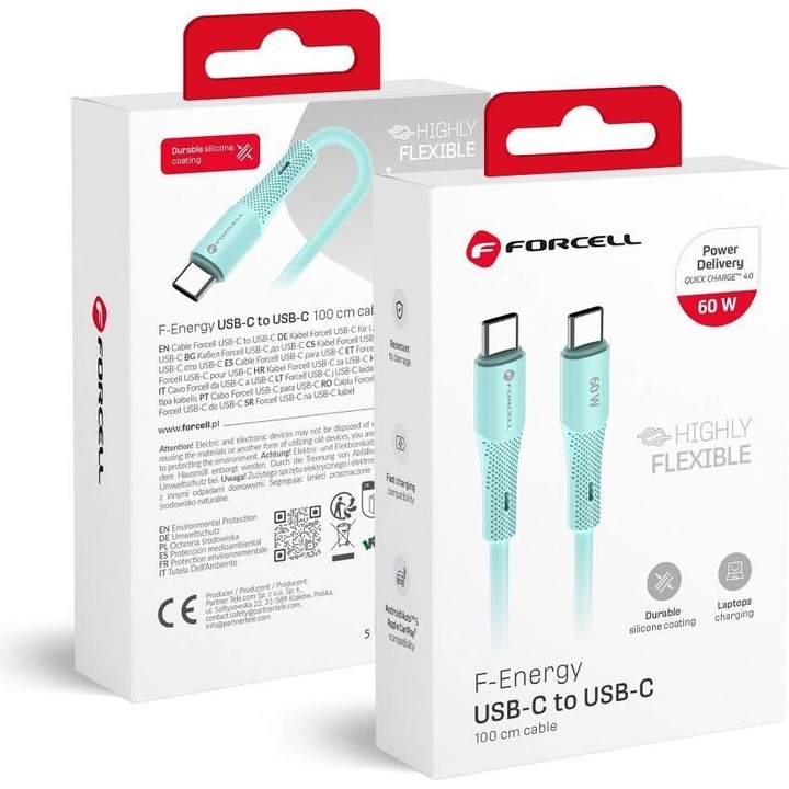 Cablu USB-C FORCELL C344 60W 1m silicon albastru, suport incarcare rapida