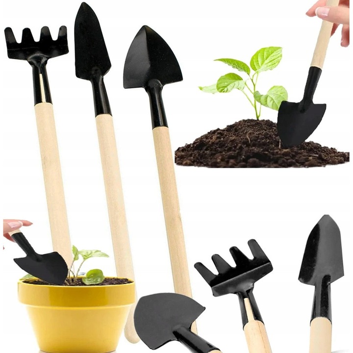 Set joaca gradinarit, lopatica, spade, greble, metal, lemn, dimensiuni mici