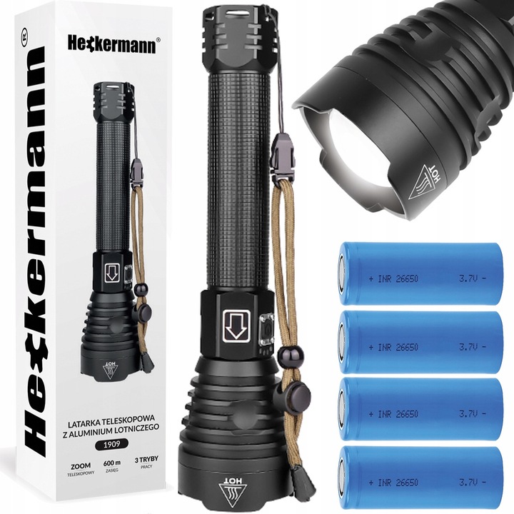 LED фенер P90 CREE, 3 режима, водоустойчив, 25,5x6см, комплект с 2 батерии 26650 и USB кабел