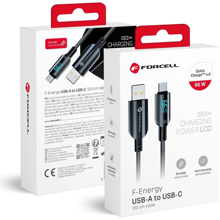Cablu de date USB-A la USB-C FORCELL 66W, 120cm, suport Quick Charge 4.0, negru