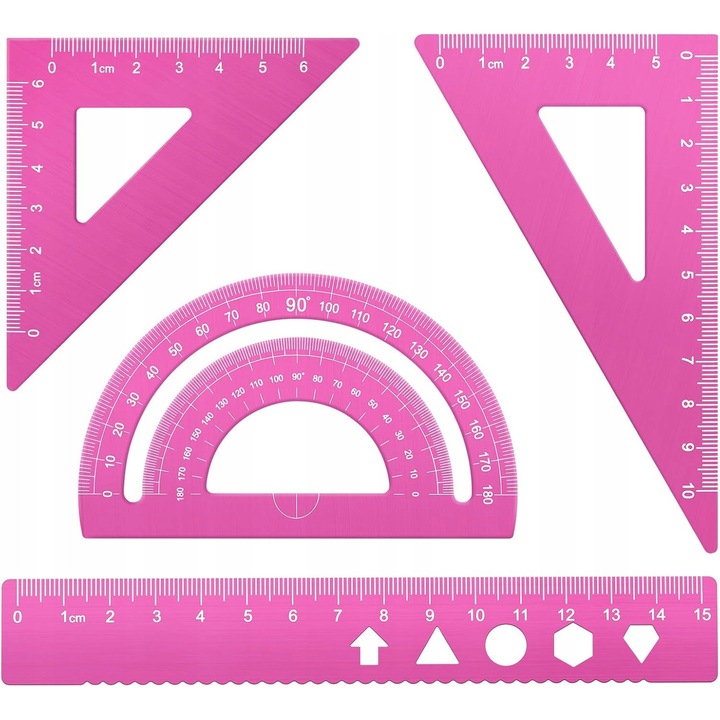 Set instrumente geometrice 4 piese, roz, rigla 15 cm, triunghiuri 45° si 60°