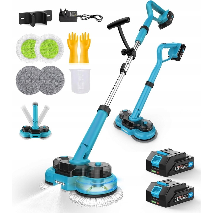 Mop electric fara fir cu pulverizator LED si 2 acumulatori, albastru