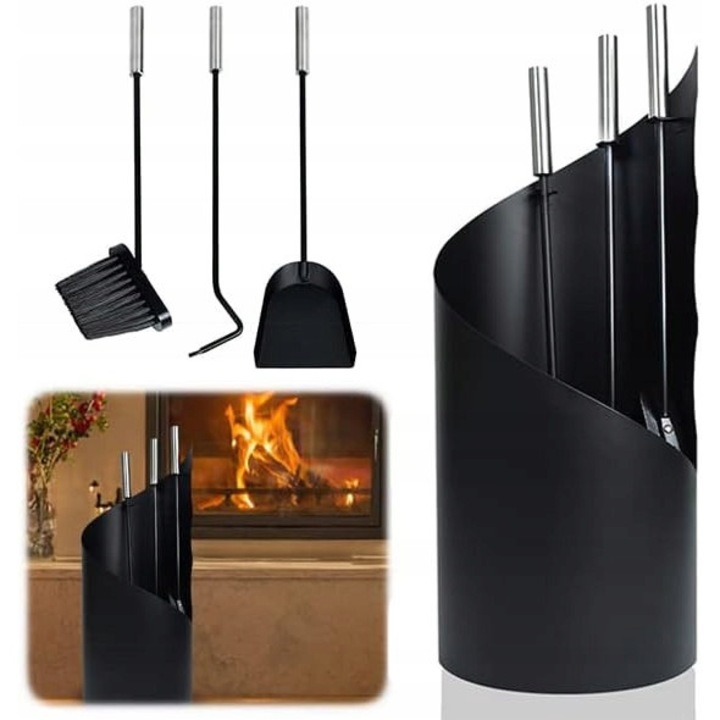 Set unelte pentru semineu, 4 piese, negru, 22x56x23cm