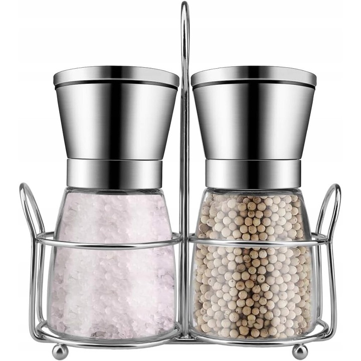 Set 2 rasnite condimente, inox, sticla, reglare, argintiu