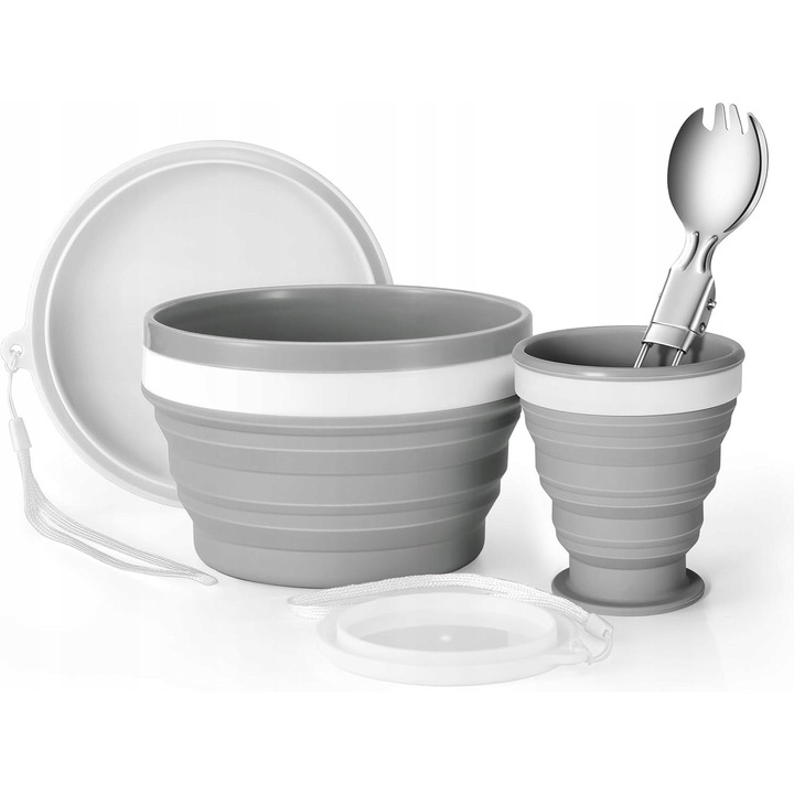 Set camping pliabil, 3 piese, cu cana, bol si lingura din otel inoxidabil, gri, 310g