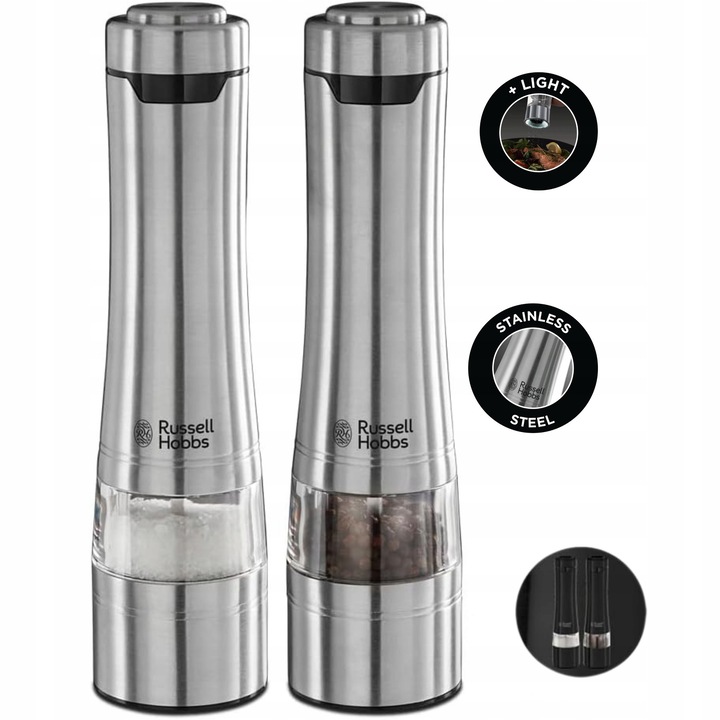 Mlynk electric Russell Hobbs, set pentru sare si piper, ceramic, argintiu, 6x24,7cm