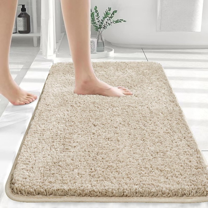 Covorase baie, 40x60cm, bej, matase microfibra, antiderapant, set