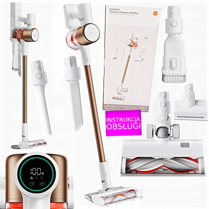Aspirator vertical fara fir Xiaomi Vacuum Cleaner G10 Plus, set complet, alb-auriu, 3 moduri de functionare, 25,6x21,4x128,6cm