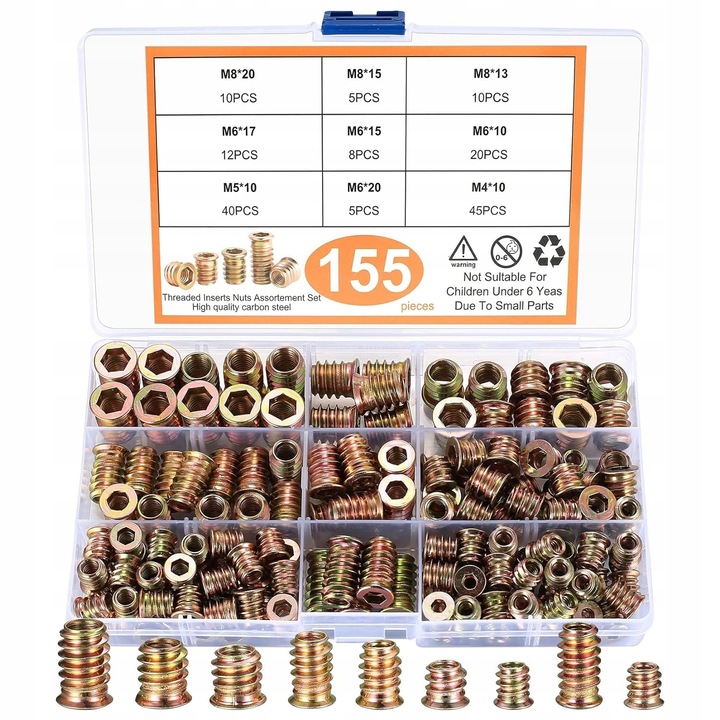 Mufa dwugintata pentru lemn, set 155 bucati, dimensiuni M4/M5/M6/M8, culoare aurie