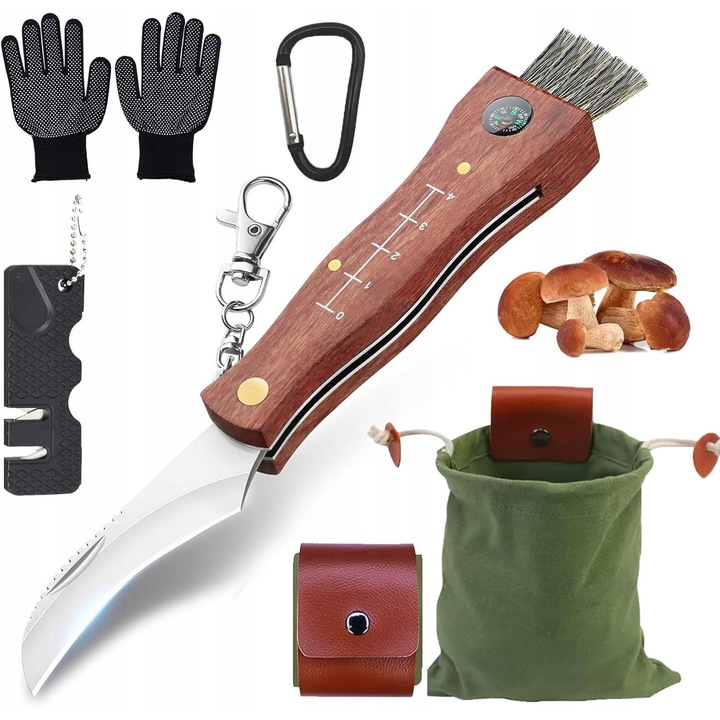 Set de unelte pentru cules ciuperci, cu cutit, perie, manusi, torba, carabina, 30x10cm, lemn
